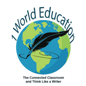 1 World Education, Earth with a feathered pen, logo