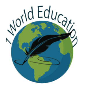 Logo for 1world, earth with a feathered pen connected the world, representing Think Like A Writer for a better world