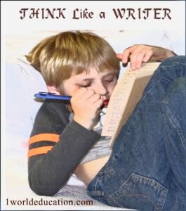 A young boy is writing in his journal. Logo, Think Like a Writer.