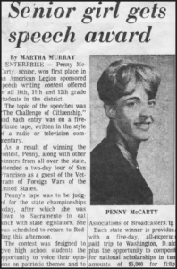 Newspaper article Penelope  won first place  in a public speaking contest at 17. 